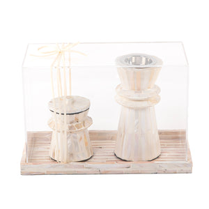 beige decorated MOP incense burner with a bowl in an Acrylic box