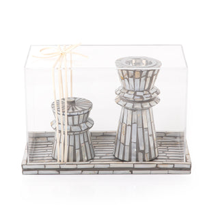 grey decorated MOP incense burner with a bowl in an Acrylic box