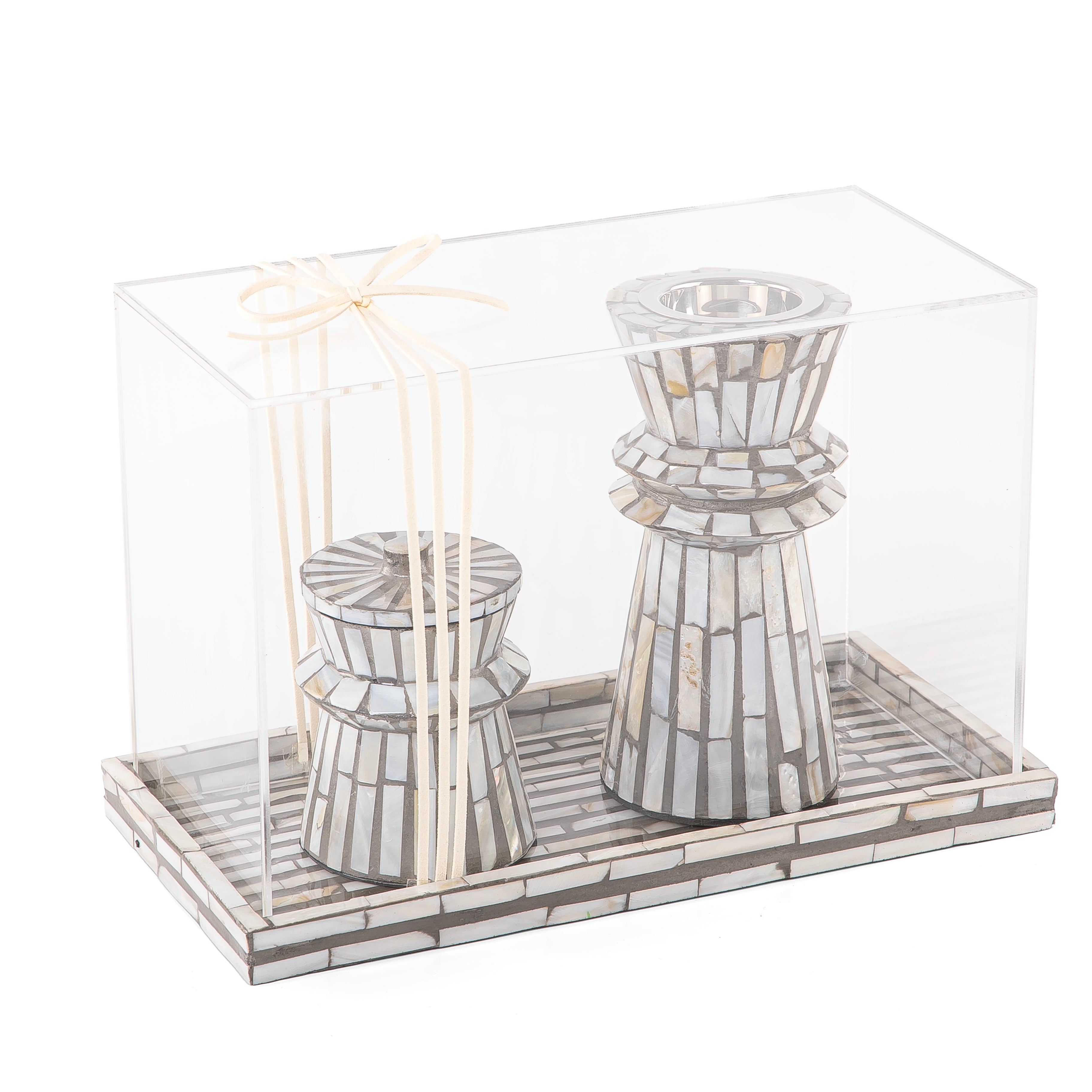 grey decorated MOP incense burner with a bowl in an Acrylic box