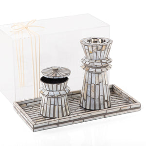 grey decorated MOP incense burner with a bowl in an Acrylic box