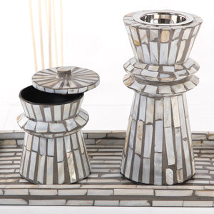 grey decorated MOP incense burner with a bowl in an Acrylic box