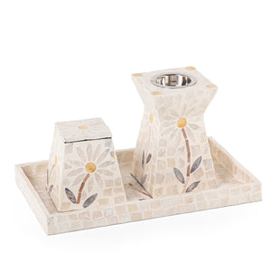 beige decorated MOP incense burner with a bowl in an Acrylic box