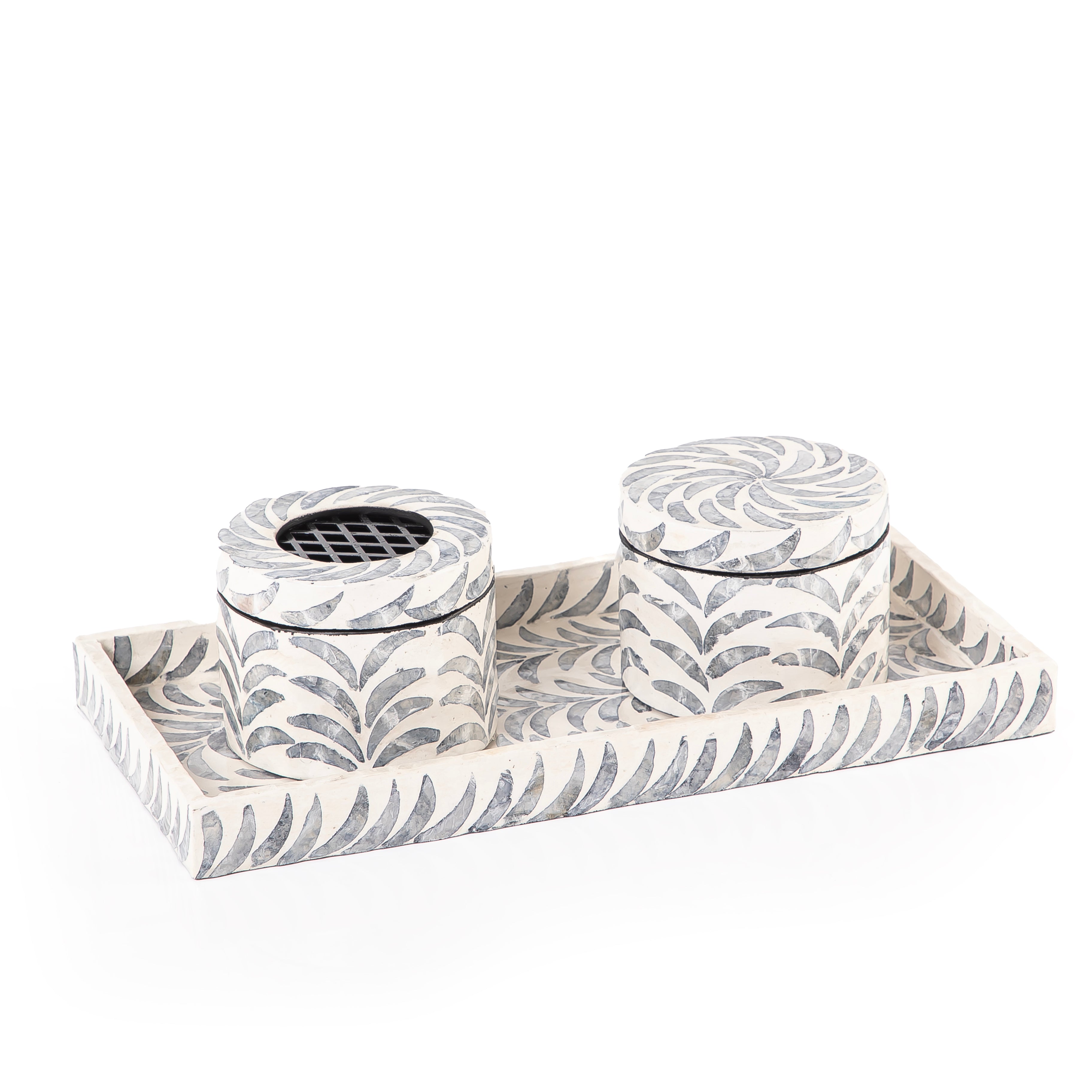 black and white decorated MOP incense burner with a bowl in an Acrylic box