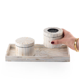 beige MOP incense burner with a beige bowl in a beige MOP tray
