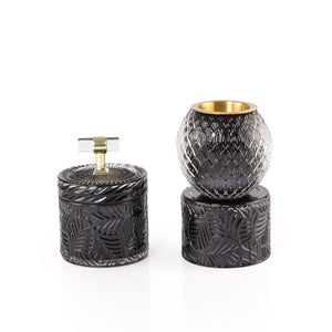 black decorated glass incense burner and bokhor storage box
