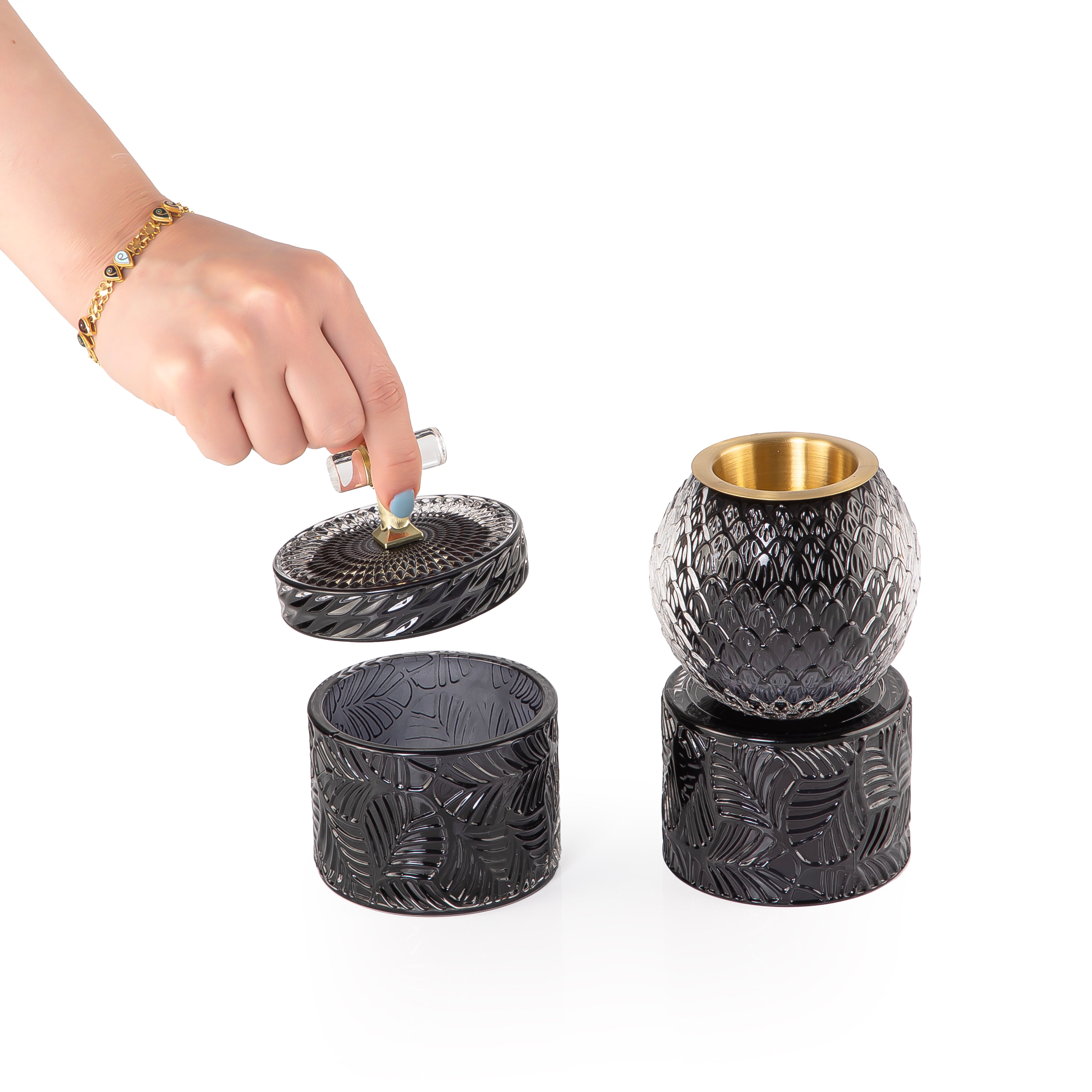 black decorated glass incense burner and bokhor storage box