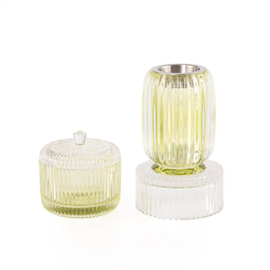 white and green decorated glass incense burner and bokhor storage box
