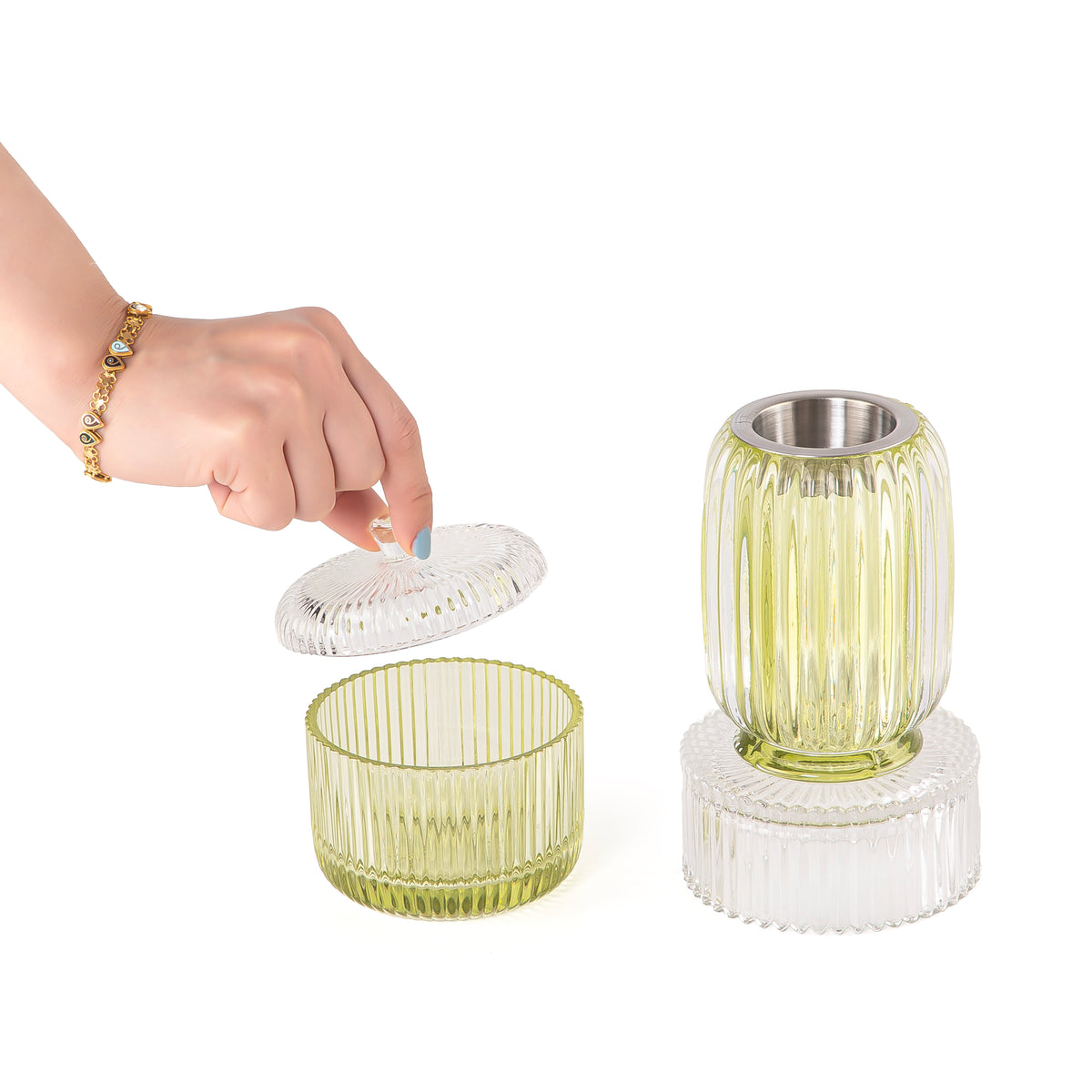 white and green decorated glass incense burner and bokhor storage box