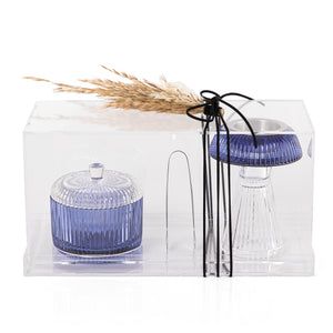 decorated glass incense burner, bokhor storage box, and tong in an Acrylic box
