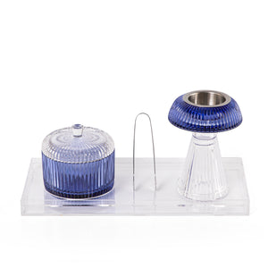 decorated glass incense burner, bokhor storage box, and tong in an Acrylic box