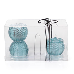 blue decorated glass incense burner, bokhor storage box, and tong in an Acrylic box