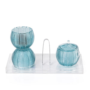 blue decorated glass incense burner, bokhor storage box, and tong in an Acrylic box