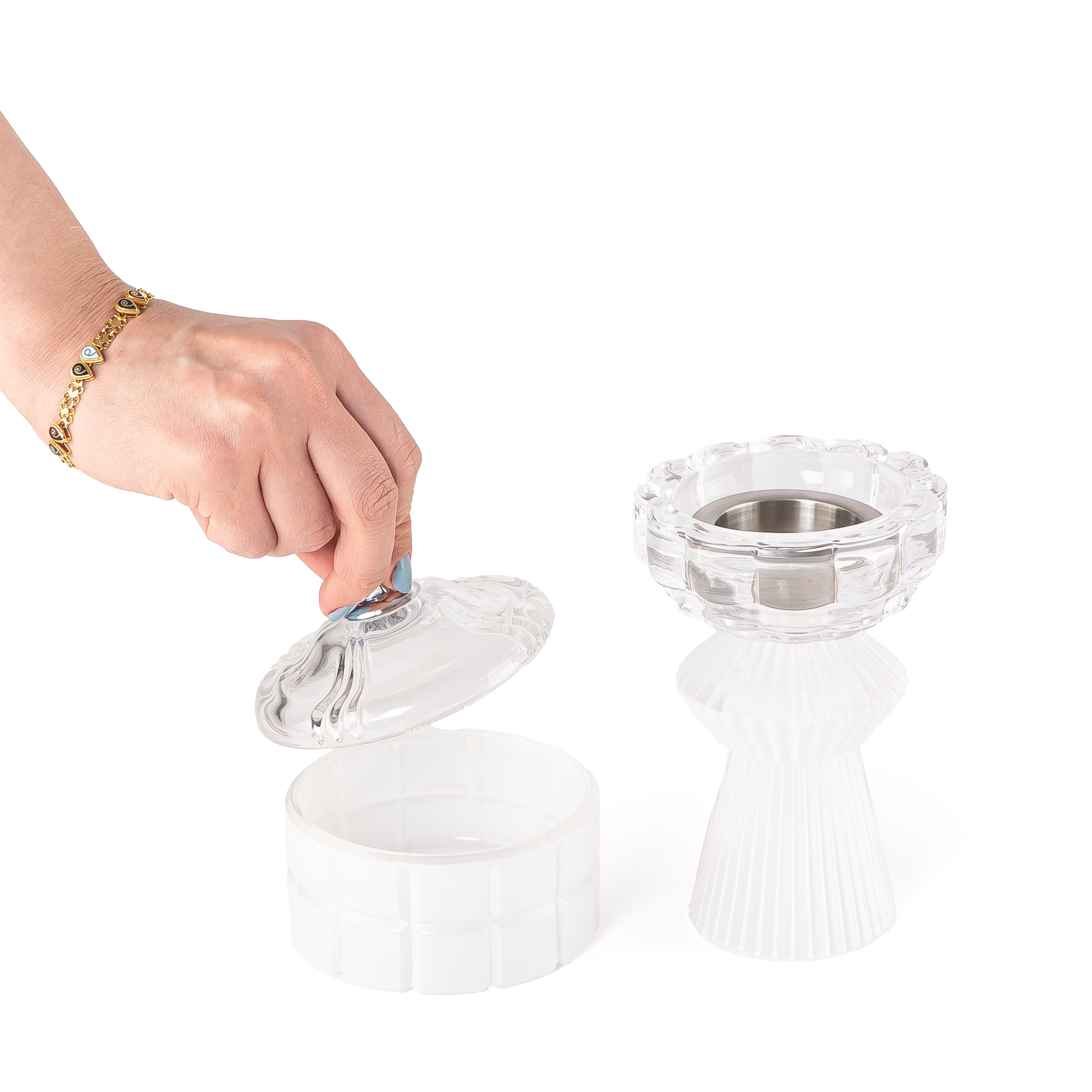 white decorated glass incense burner and bokhor storage box