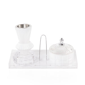 white decorated glass incense burner, bokhor storage box, and tong in an Acrylic box