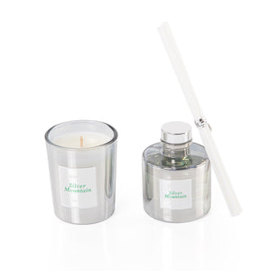 silver diffuser, candle, and five sticks