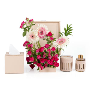 Beige Leather tray with matching tissue box, pink roses, candle, and diffuser