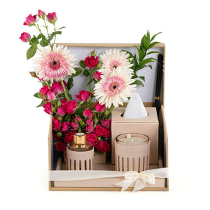 Beige Leather tray with matching tissue box, pink roses, candle, and diffuser, inside gift box