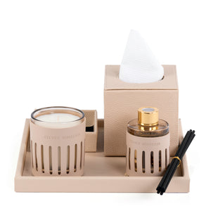 Beige Leather tray with matching tissue box, plate, candle, and diffuser