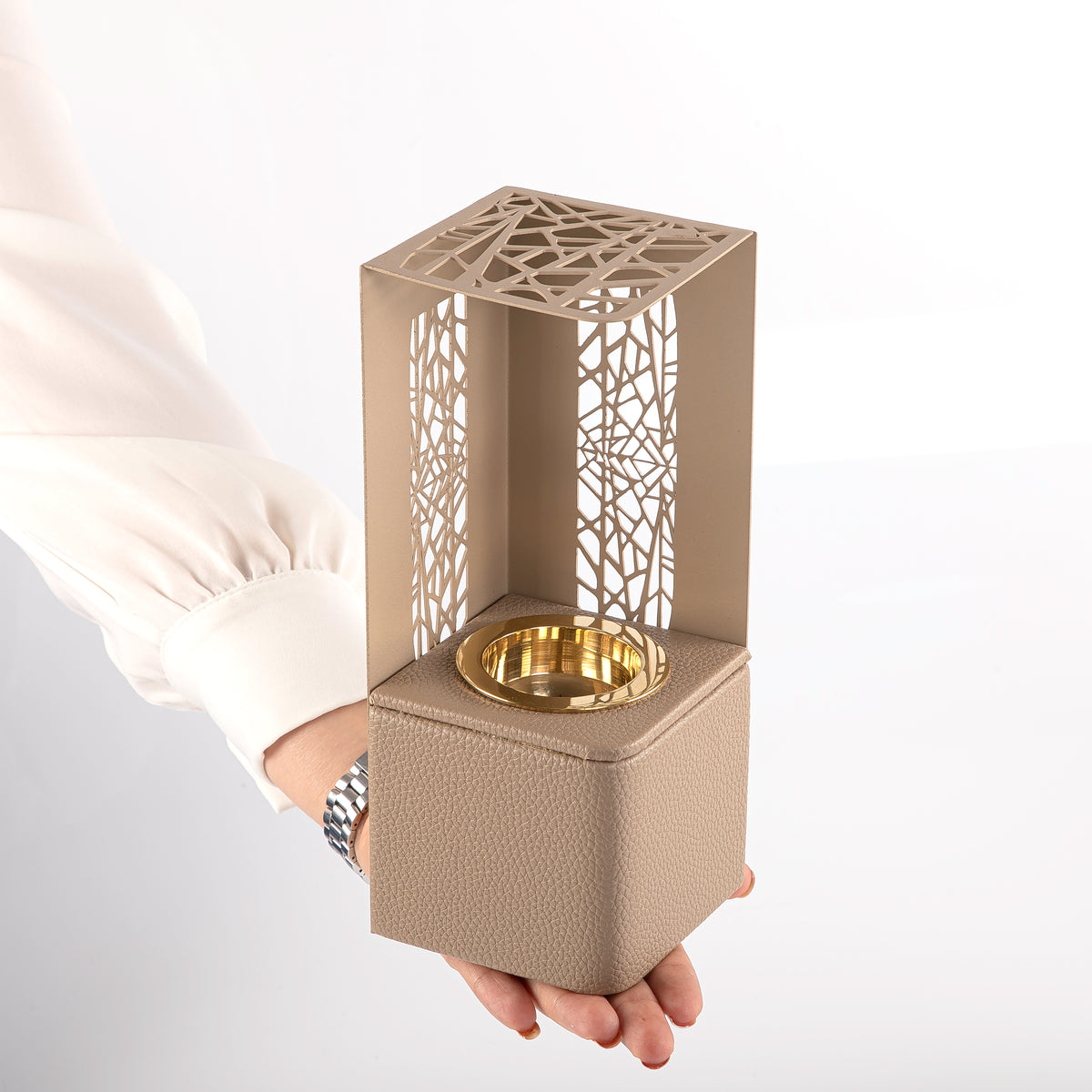 beige leather incense burner