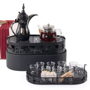 A black metal set contains stand, cups holder, 6 coffee glasses, and 6 tea glasses