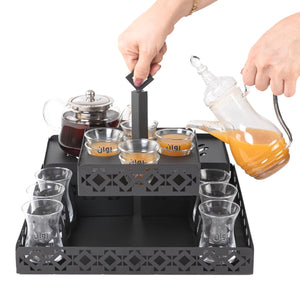 A black metal set contains tray, two stands, 8 coffee glasses, 6 tea glasses, and metal coasters