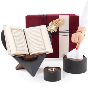 set of black Quran stand, tissue box, and incense burner