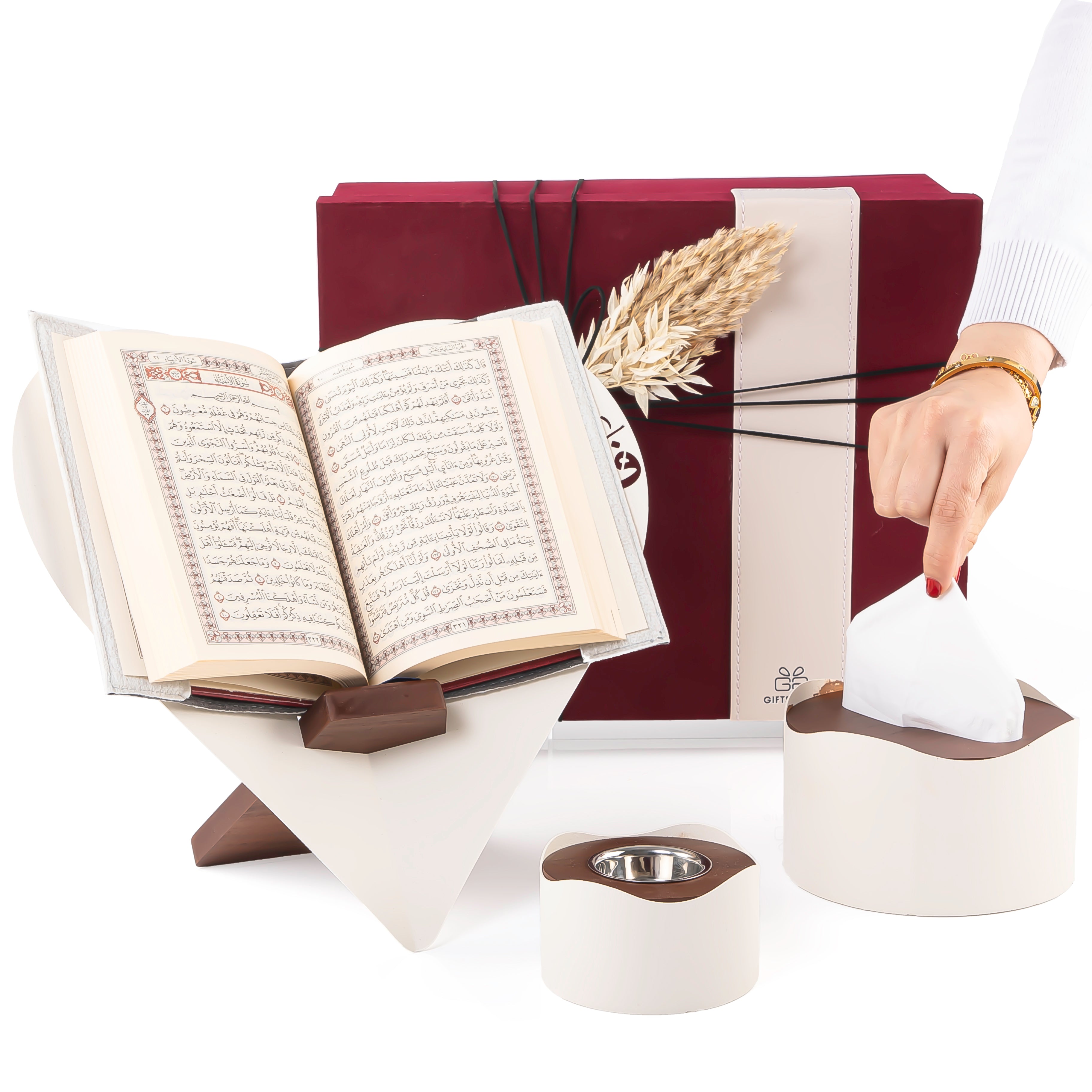 set of beige Quran stand, tissue box, and incense burner