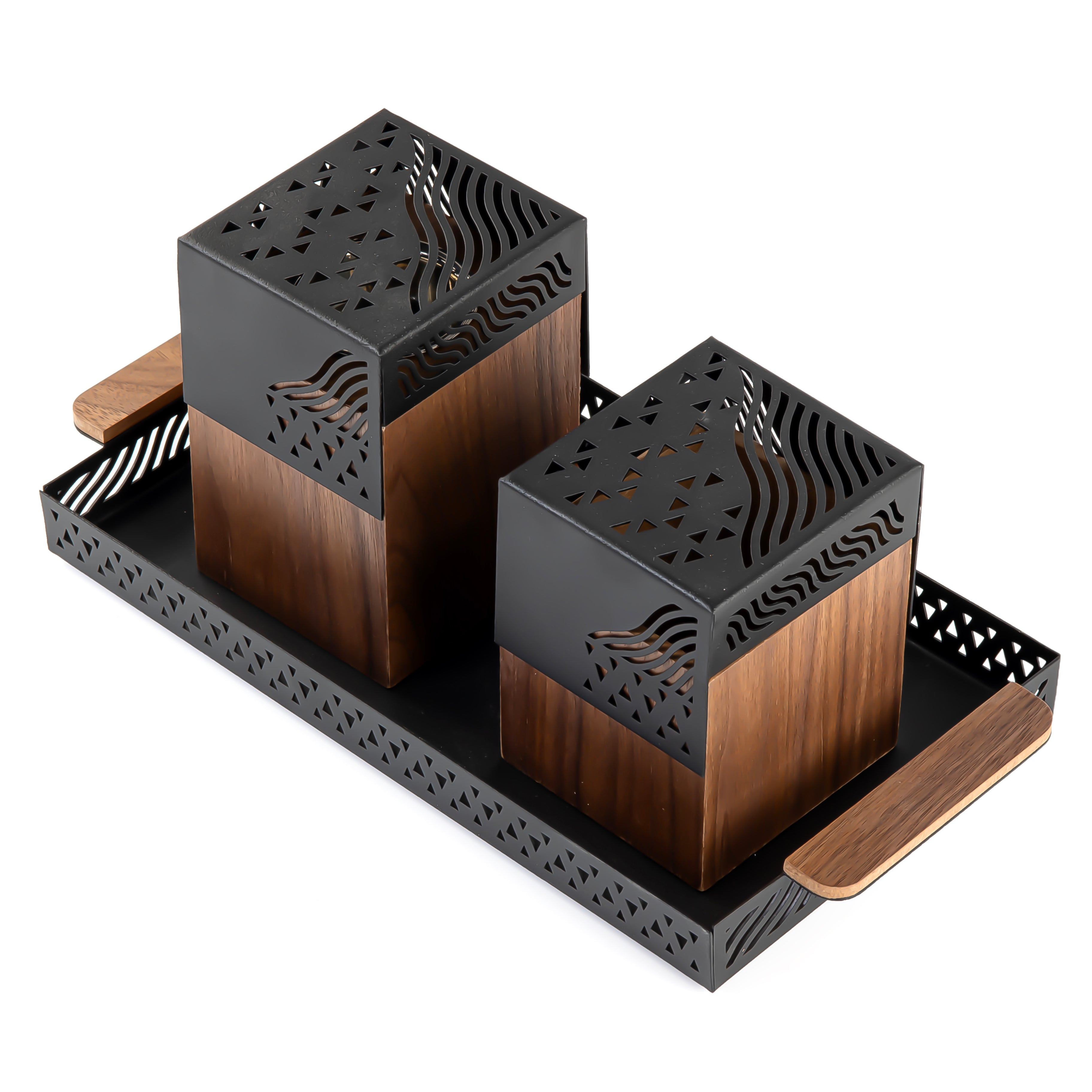 Black metal tray with incense burner and bakhor storage box