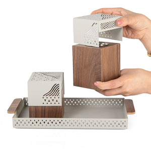 Gray metal tray with incense burner and bakhor storage box