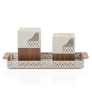 Gray metal tray with incense burner and bakhor storage box