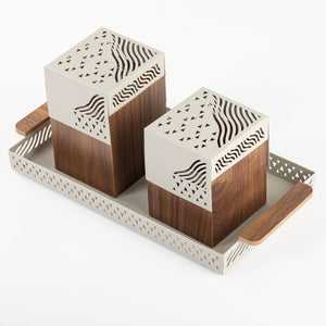 Gray metal tray with incense burner and bakhor storage box