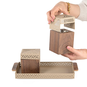 Beige metal tray with incense burner and bakhor storage box