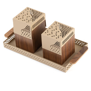Beige metal tray with incense burner and bakhor storage box