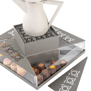 Grey metal stand with sweet storage place with thermos