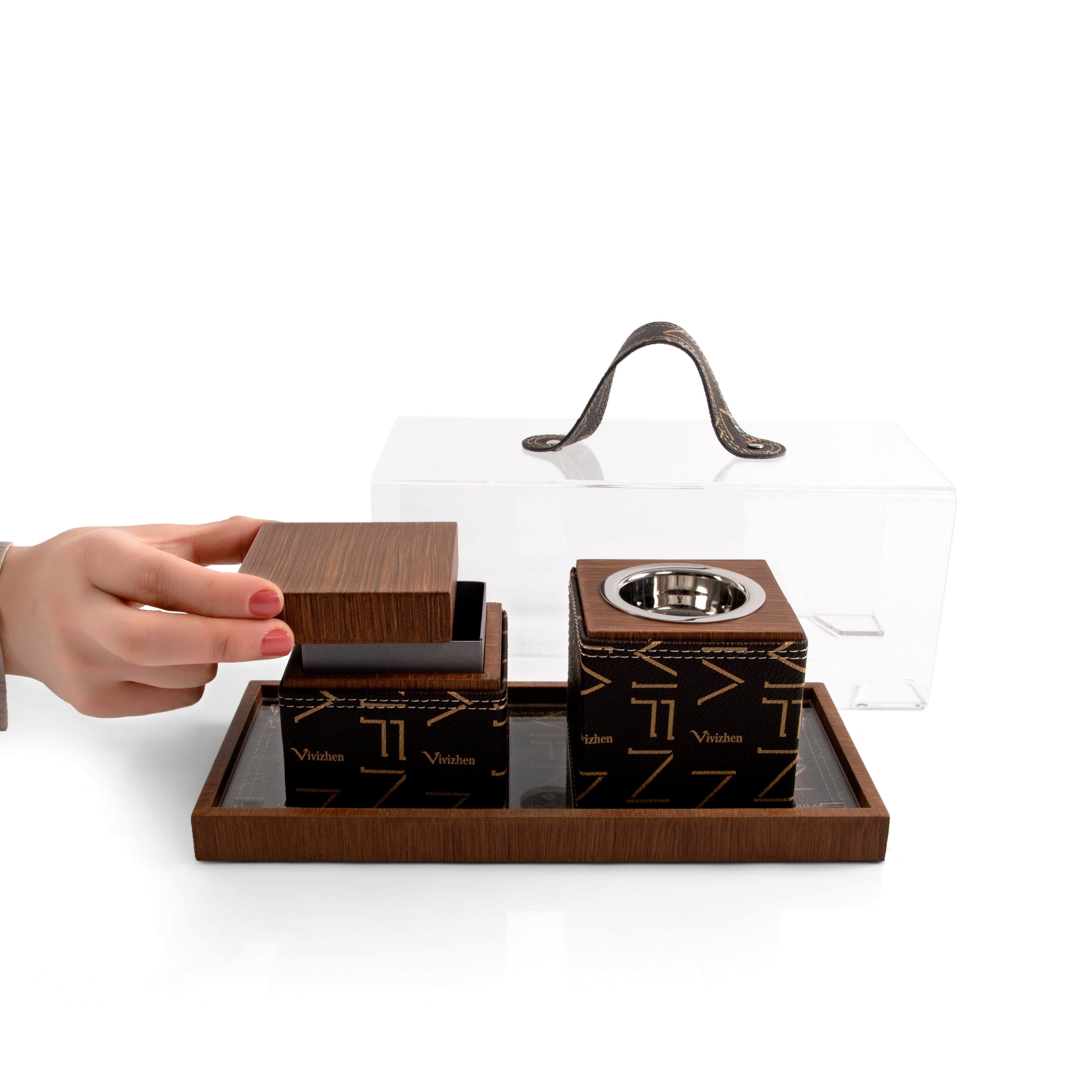 Brown tray with leather incense burner, and bakhor jar