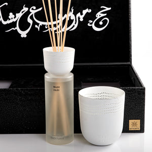 black box contains diffuser, sticks, and candle decorated with customized sentence or name