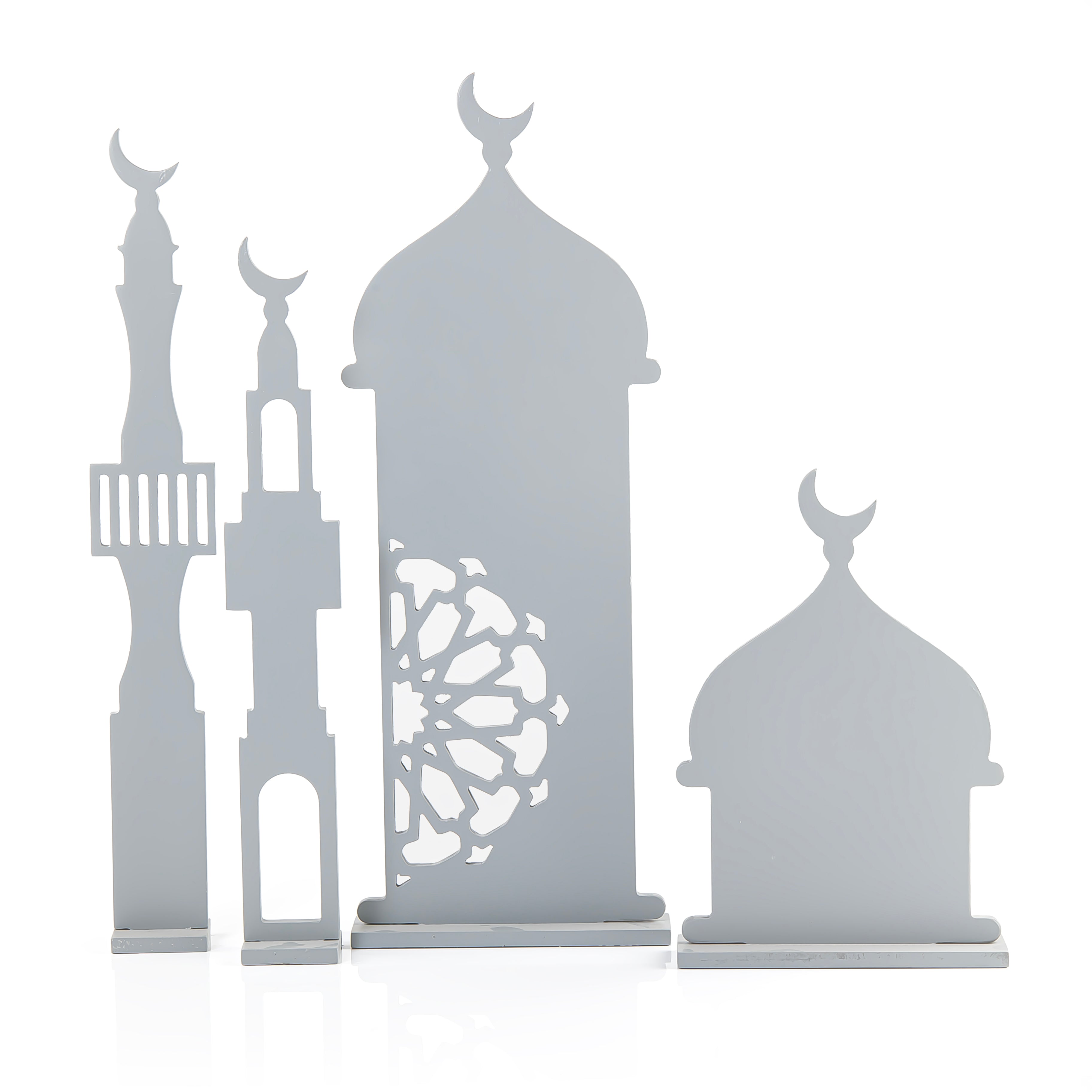 Set of four grey wooden Ramadan crescent stand decorations