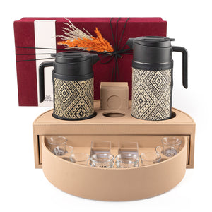 Beige leather set of circular stand contains two thermoses with fabric covers, six tea glasses, six coffee glasses, six coasters