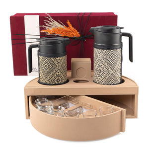 Beige leather set of circular stand contains two thermoses with fabric covers, six tea glasses, six coffee glasses, six coasters