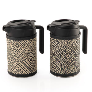 two thermoses with black fabric covers