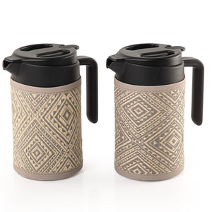 two thermoses with grey fabric covers