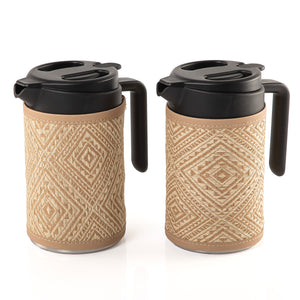 two thermoses with beige fabric covers