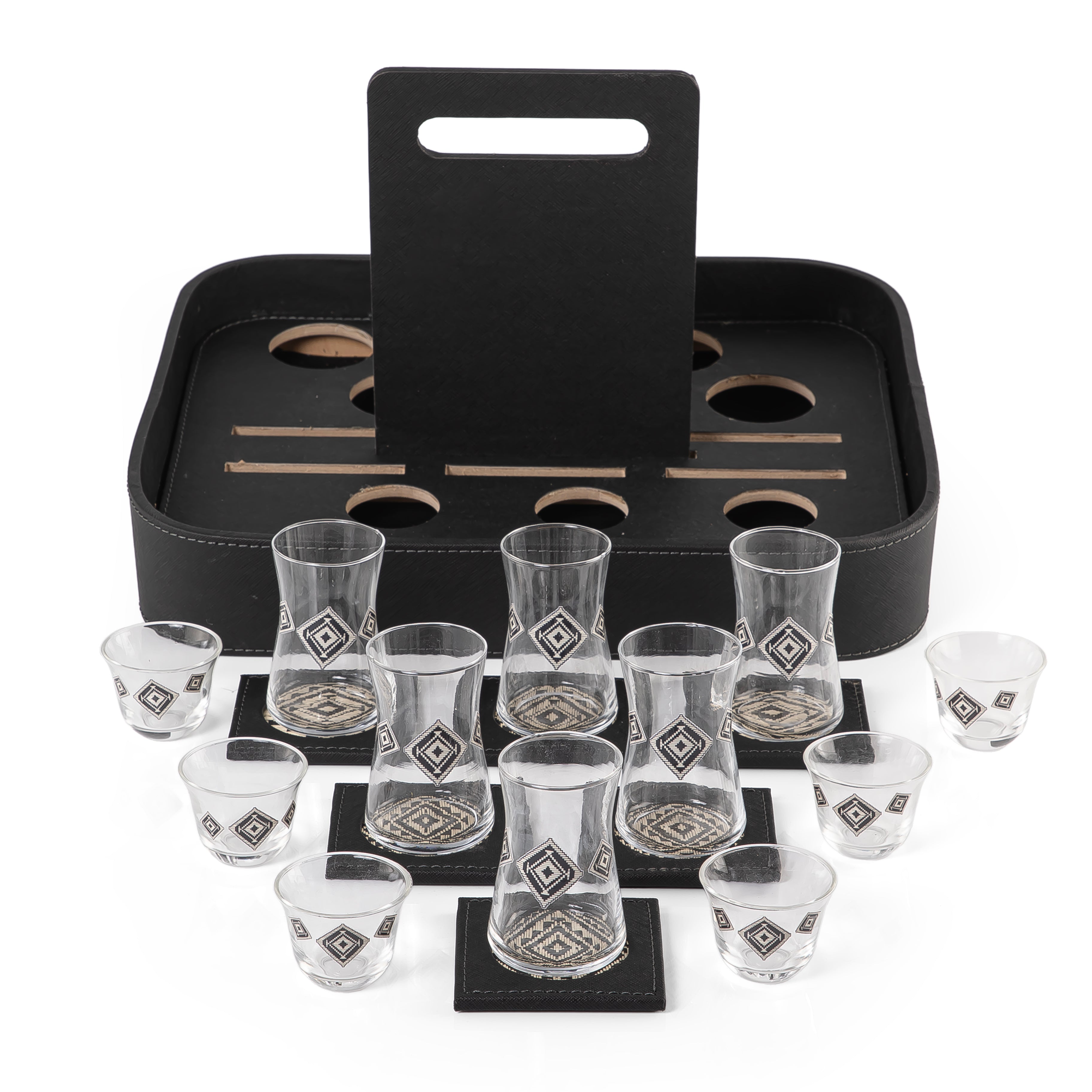 A black stand with a handle, holding six coffee glasses, six tea glasses, and six coasters