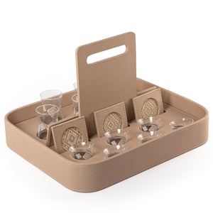 A beige stand with a handle, holding six coffee glasses, six tea glasses, and six coasters
