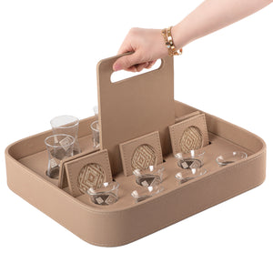 A beige stand with a handle, holding six coffee glasses, six tea glasses, and six coasters