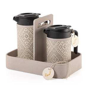 Set of two thermoses with grey fabric covers and three labels "Tea, Karak, Coffee" on a handle stand