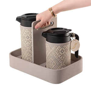 Set of two thermoses with grey fabric covers and three labels "Tea, Karak, Coffee" on a handle stand