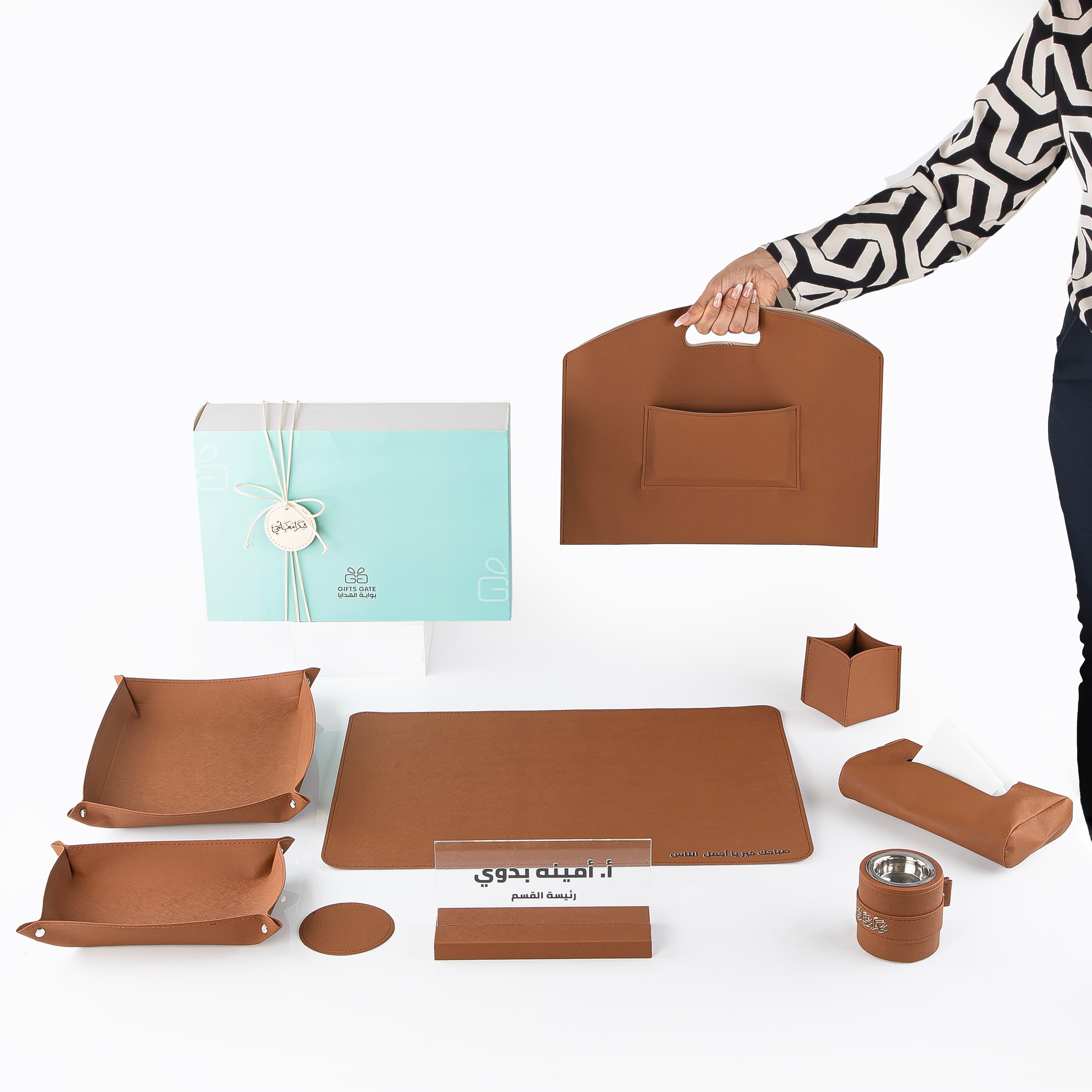 Luxury Brown Leather Office Desk Set – 9 Pieces