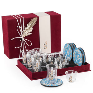 set of 6 blue coasters, 6 coffee glasses, and 6 tea glasses