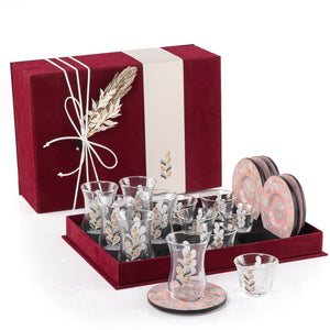 set of 6 pink coasters, 6 coffee glasses, and 6 tea glasses